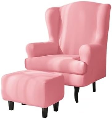 Pink Wingback Chair Cover Set with Ottoman Slipcover
