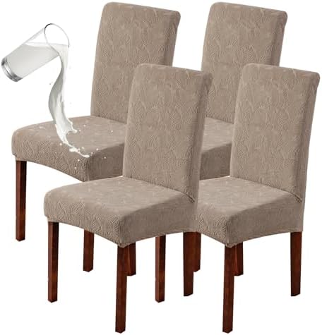 Genina Waterproof Dining Chair Covers Set of 4 Leaf Pattern Taupe