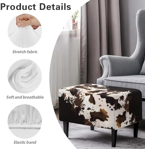 Waterproof Cow Print Ottoman Slipcover with Elastic Band