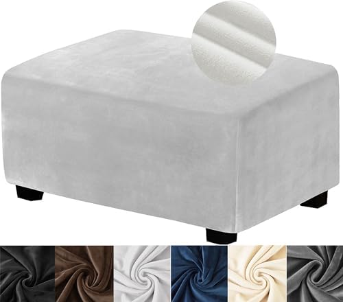 ANWUCHEN Velvet Ottoman Covers - Thick Rectangle Slipcovers with Elastic Bottom - White Medium