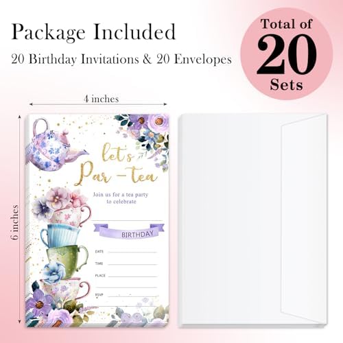 Floral Tea Party Birthday Invites Cards with Envelopes
