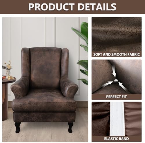 Leather Look Wingback Chair Cover 2-Piece Set Brown