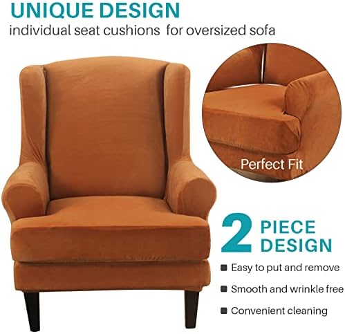 MIFXIN 2-Piece Wingback Chair Slipcover Velvet Stretch with Cushion Cover