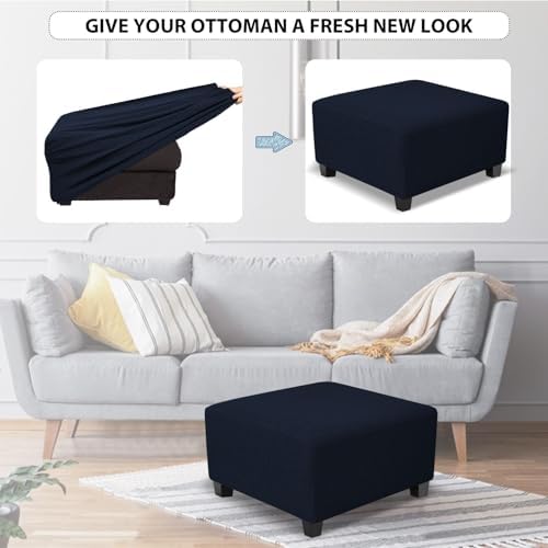 Square Ottoman Cover Waterproof Stretch Jacquard Slipcover Medium Navy Blue