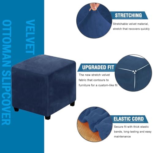 Velvet Ottoman Cover Stretchable Small Navy