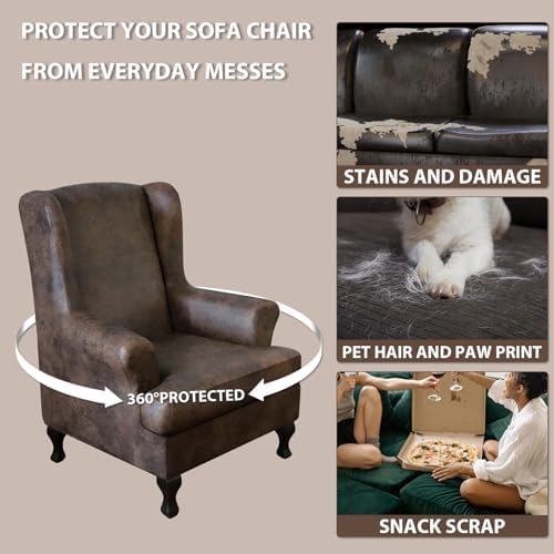 Leather Look Wingback Chair Cover 2-Piece Set Brown
