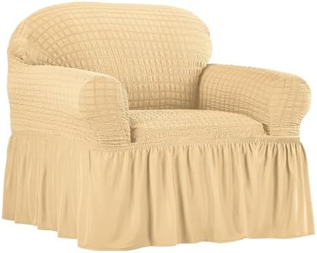 Collections Etc Textured Squares Ruffled Slipcover Beige Chair 1