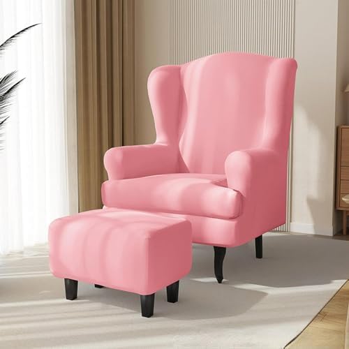 Pink Wingback Chair Cover Set with Ottoman Slipcover
