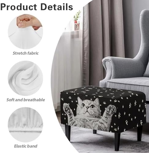 Funny Cat Ottoman Cover Rectangular Non-Slip Footstool Slipcover