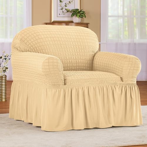 Collections Etc Textured Squares Ruffled Slipcover Beige Chair 1