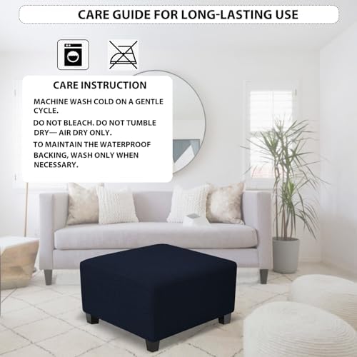 Square Ottoman Cover Waterproof Stretch Jacquard Slipcover Medium Navy Blue