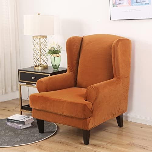 MIFXIN 2-Piece Wingback Chair Slipcover Velvet Stretch with Cushion Cover