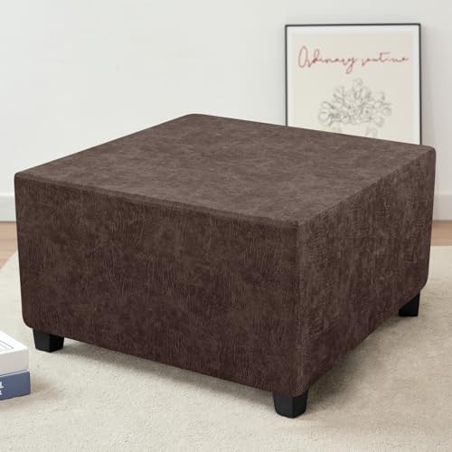 EVOLLER Stretch Ottoman Cover Rectangular Brown Leather-Looking Footstool Slipcover