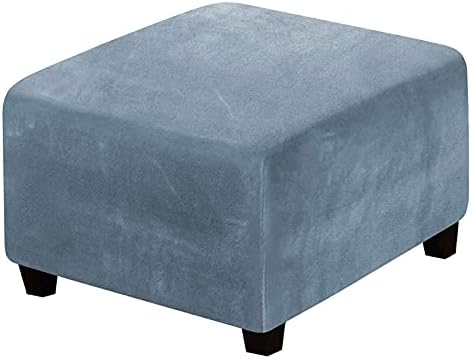 Velvet Square Ottoman Cover with Elastic Bottom - Large Stone Blue