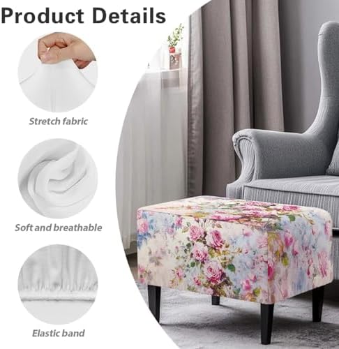 Pink Rose Rectangle Ottoman Slipcover 30x24x15 Inch