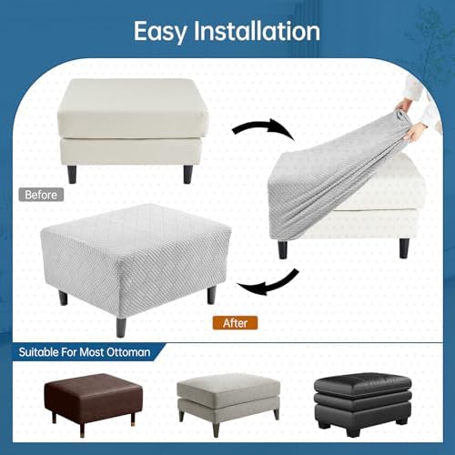Deep Dream Rectangular Ottoman Slipcover Stretch Jacquard Nonslip Elastic Design Light Gray