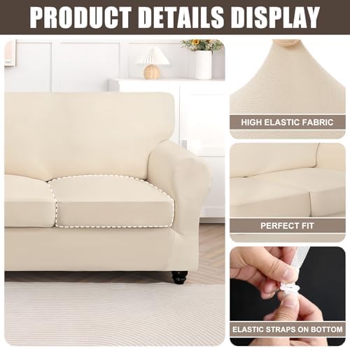 SearchI Stretch Sofa Cover Set with 3 Cushion Covers Beige