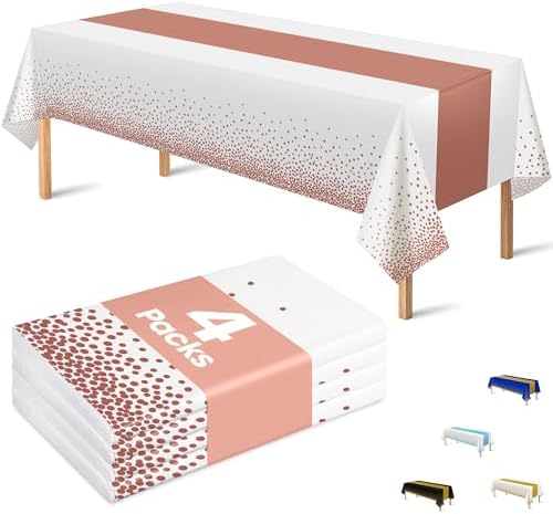 OHOME 4 Pack Disposable Plastic Table Cloths White Rose Gold 54x108