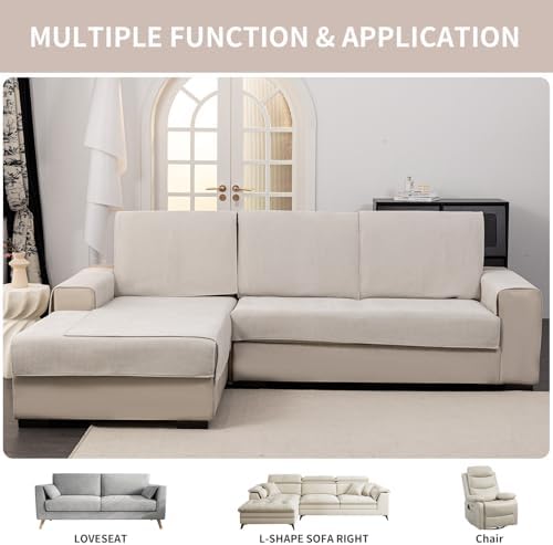 Chenille Sofa Cover Herringbone Design for Dogs Beige White 36x63