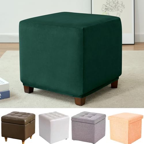 Velvet Stool Cover Slipcover for Ottoman - Dark Green Large Size