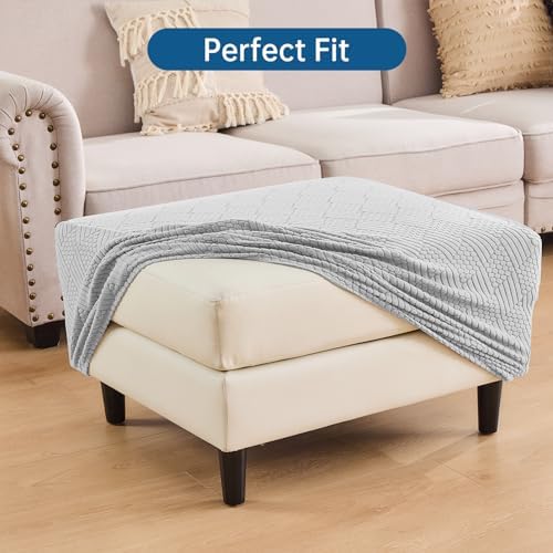 Deep Dream Rectangular Ottoman Slipcover Stretch Jacquard Nonslip Elastic Design Light Gray