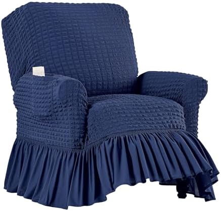 Collections Etc Textured Squares Ruffled Slipcover Navy Recliner 1