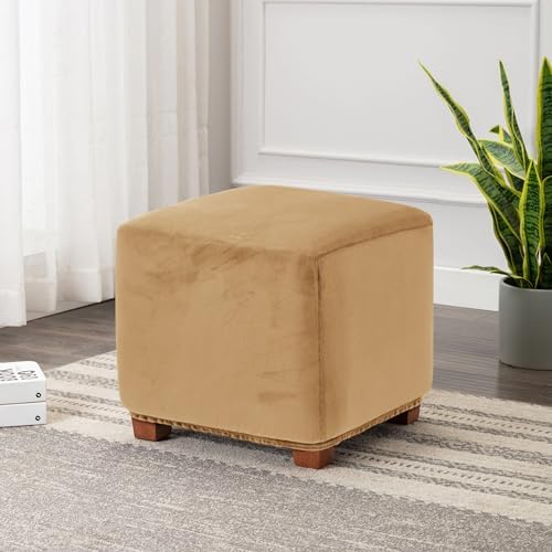 MikiUp Velvet Stretch Ottoman Cover - Square Footstool Slipcover for Living Room
