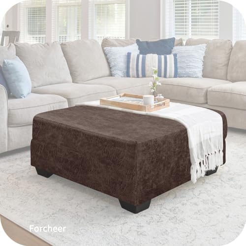 EVOLLER Stretch Ottoman Cover Rectangular Brown Leather-Looking Footstool Slipcover