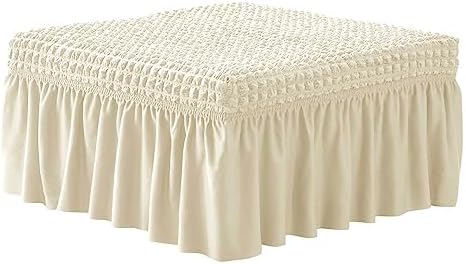 NIDITW Stretch Beige Seersucker Ottoman Cover with Skirt