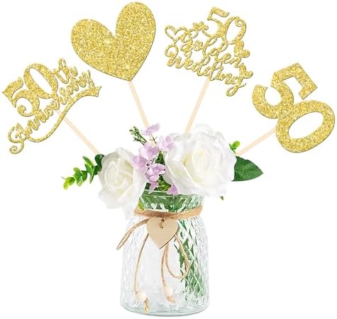 50th Anniversary Heart Centerpieces Gold Glitter 12PCS Wedding Decoration