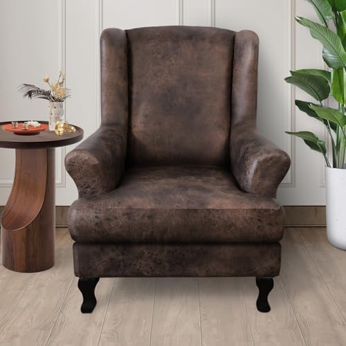 Leather Look Wingback Chair Cover 2-Piece Set Brown