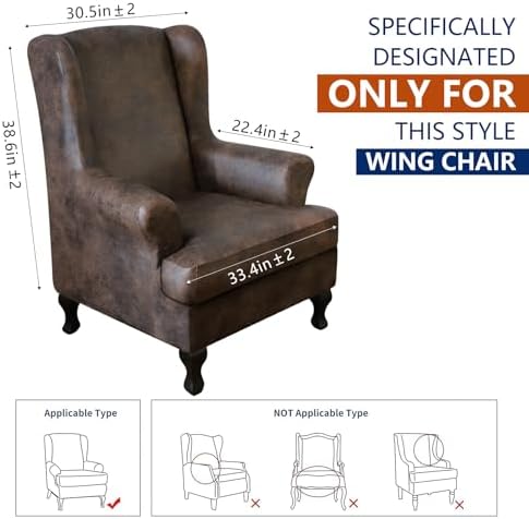 Leather Look Wingback Chair Cover 2-Piece Set Brown