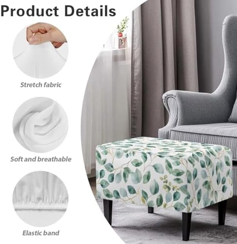 Zoutairong Rectangular Ottoman Slipcover Green Leaf Print Elastic Footstool Cover