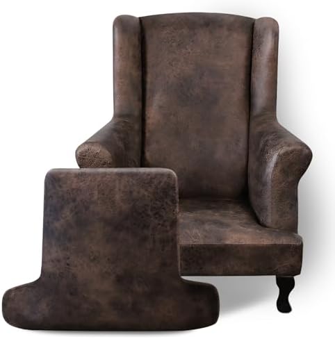 Leather Look Wingback Chair Cover 2-Piece Set Brown