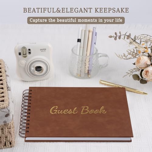 WEMATE Leather Guest Book with Pen for Weddings and Events Brown