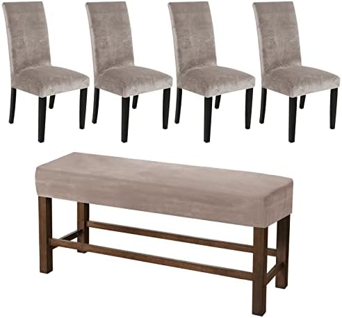 HAOYONG Velvet Dining Chair Slipcover Set 4PCS 1BenchCover
