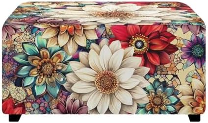 Boho Flower Print Stretch Ottoman Cover with Elastic Bottom