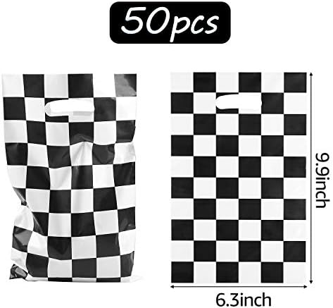 BeYumi 50Pcs Race Car Checkered Treat Bags with Stickers