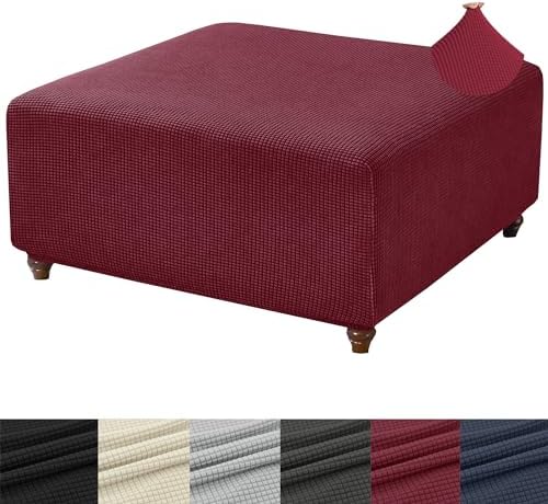 ANWUCHEN Thick Knitted Ottoman Cover - Soft Velvet Stool Slipcover - Elastic Fit Medium Red