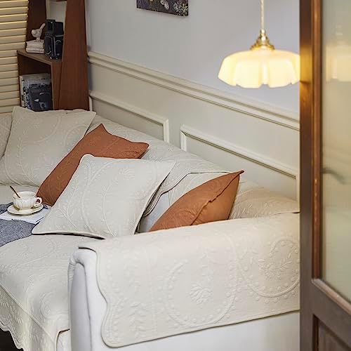 Vctops Cotton Quilted Sofa Cover with Floral Leaves Embroidery