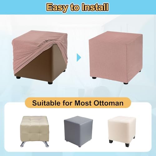 Uxcell Square Ottoman Cover 18x18x18inch Stretch Polyester Washable Ottoman Slipcover Pink
