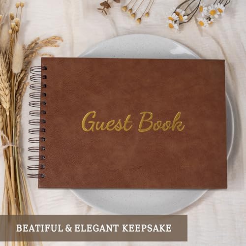 WEMATE Leather Guest Book with Pen for Weddings and Events Brown