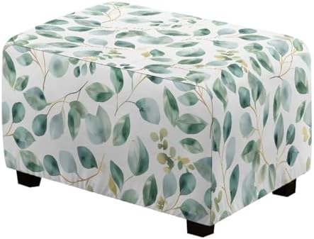 Zoutairong Rectangular Ottoman Slipcover Green Leaf Print Elastic Footstool Cover