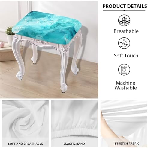 Teal Marble Print Stool Covers Set of 2 Non-Slip Rectangle