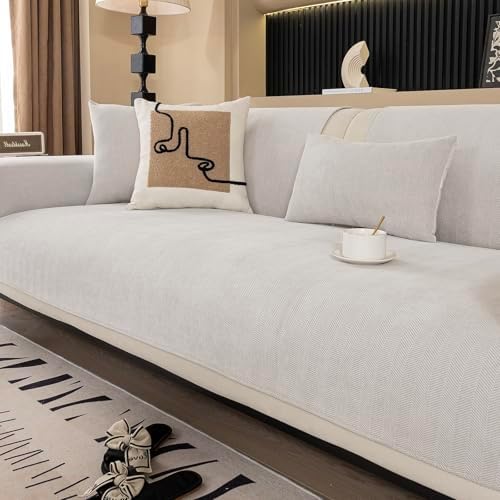 Chenille Sofa Cover Herringbone Design for Dogs Beige White 36x63