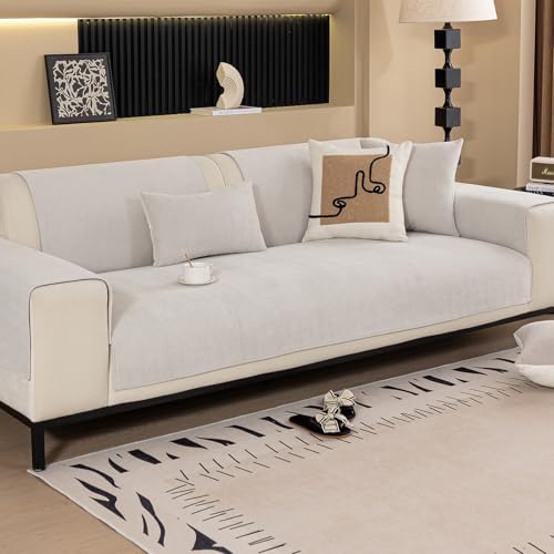 Chenille Sofa Cover Herringbone Design for Dogs Beige White 36x63