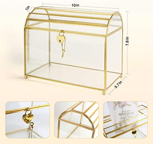 Gold Glass Card Box With Heart Lock And Slot