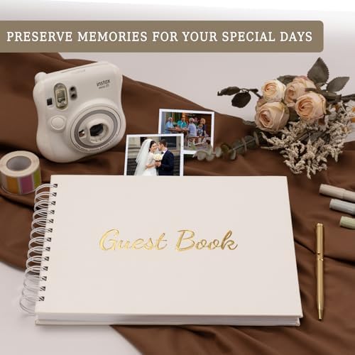 WEMATE Wedding Guest Book with Pen 7x10 Inches White Leather