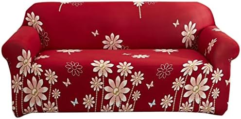 Qubjus Stretch Sofa Cover with Red Flower Pattern and One Cushion Cover