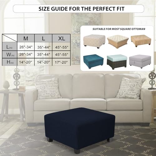 Square Ottoman Cover Waterproof Stretch Jacquard Slipcover Medium Navy Blue